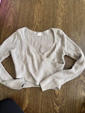 Ribbed Wrap-Style Long Sleeve Top — Beige